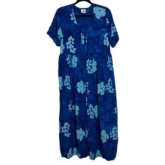 Short Sleeve Blue Hibiscus Floral Hawaiian Maxi Dress M - Picture 2 of 9